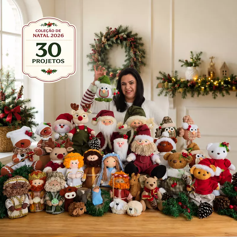 Coleção de Natal 2026 com projetos de bonecas e peças natalinas de pano